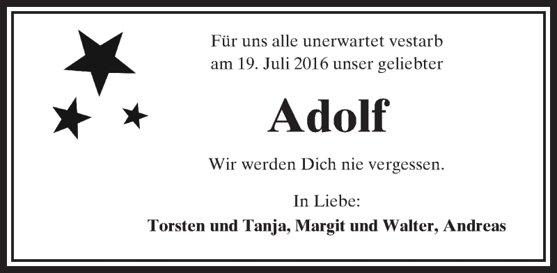  Traueranzeige für Adolf Schmidt vom 23.07.2016 aus  Kreisanzeiger