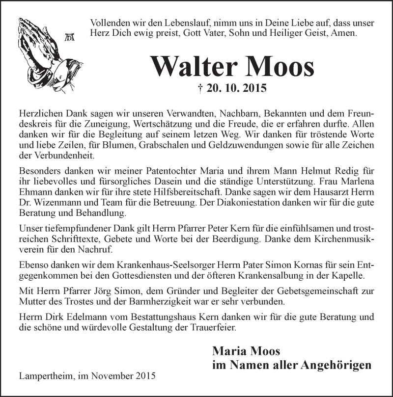 Traueranzeige für Walter Moos vom 14.11.2015 aus  Bürstädter Zeitung