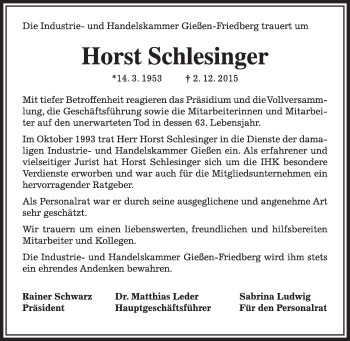 Traueranzeige von Horst Schlesinger von VRM Trauer