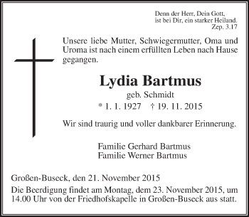 Traueranzeige von Lydia Bartmus von  Gießener Anzeiger