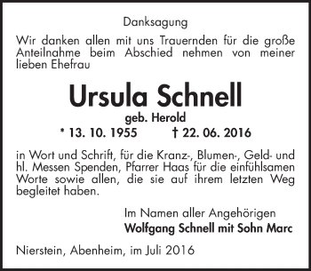 Traueranzeige von Ursula Schnell von Trauerportal Rhein Main Presse