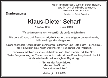 Traueranzeige von Klaus-Dieter Scharf von  Usinger Anzeiger