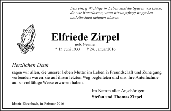 Traueranzeige von Elfriede Zirpel von  Idsteiner Zeitung