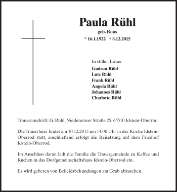 Traueranzeige von Paula Rühl von  Idsteiner Zeitung