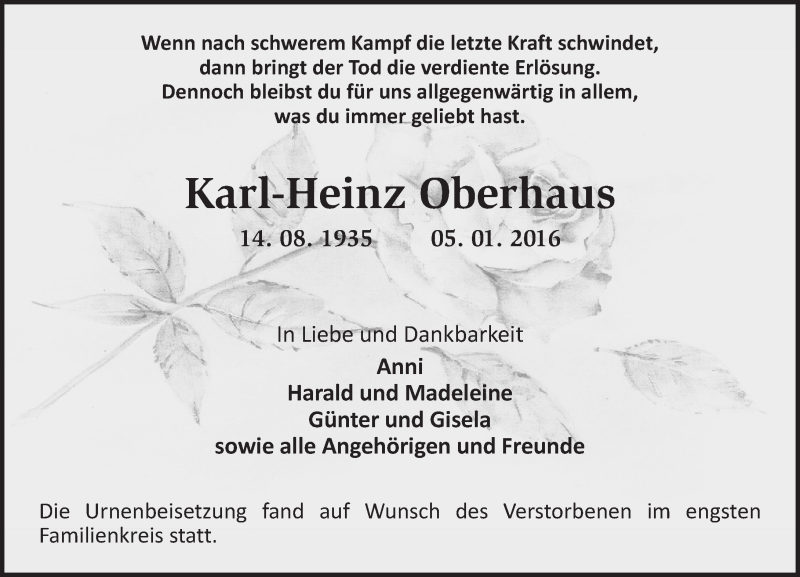  Traueranzeige für Karl-Heinz Oberhaus vom 14.01.2016 aus  Landskrone