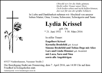 Traueranzeige von Lydia Krissel von  Wiesbaden komplett