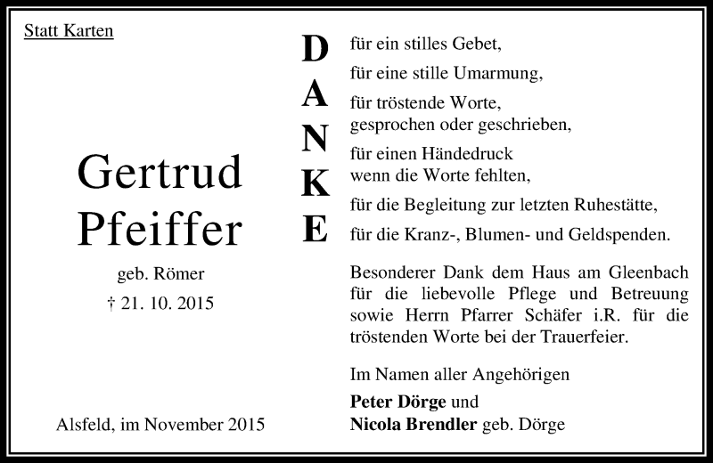 Traueranzeige für Gertrud Pfeiffer vom 28.11.2015 aus  OK Oberhessen Kurier
