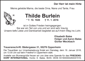 Traueranzeige von Thilde Burlein von  Landskrone