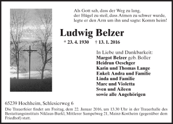 Traueranzeige von Ludwig Belzer von  Allgemeine Zeitung Mainz