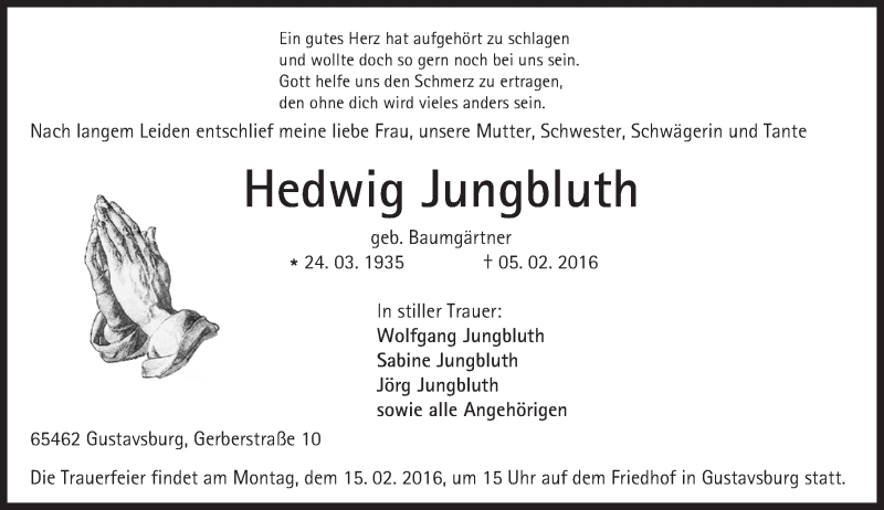  Traueranzeige für Hedwig Jungbluth vom 11.02.2016 aus  Allgemeine Zeitung Mainz