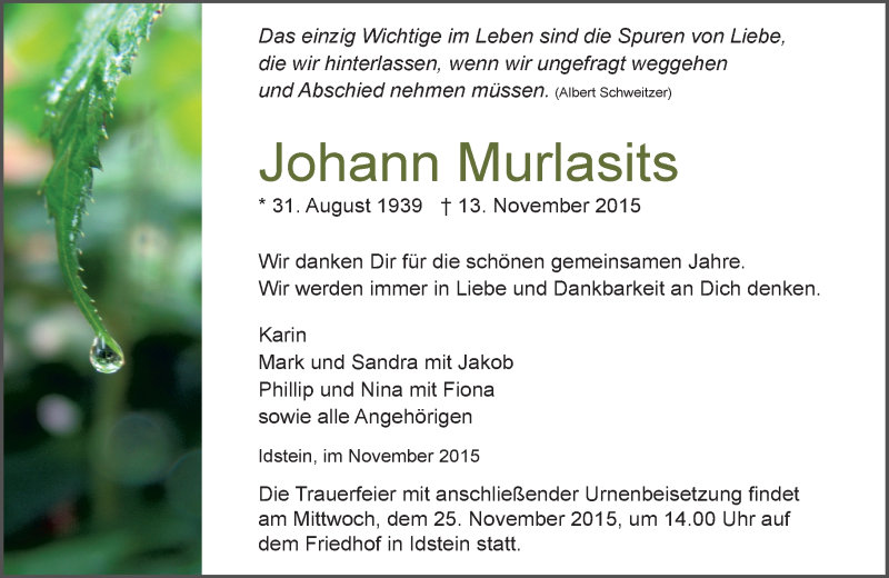  Traueranzeige für Johann Murlasits vom 21.11.2015 aus  Idsteiner Zeitung