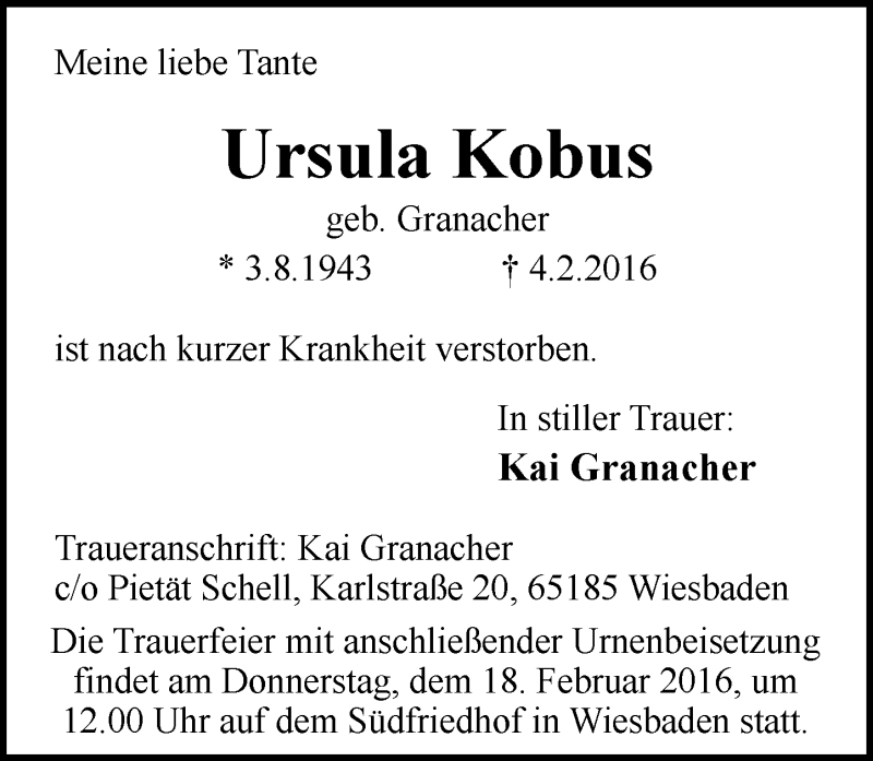  Traueranzeige für Ursula Kobus vom 13.02.2016 aus  Wiesbaden komplett
