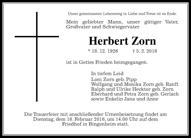  Traueranzeige für Herbert Zorn vom 11.02.2016 aus  Kreisanzeiger