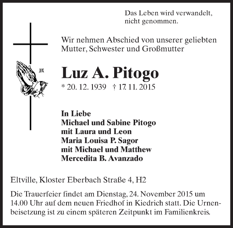  Traueranzeige für Luz A. Pitogo vom 21.11.2015 aus  Wiesbaden komplett