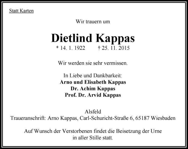  Traueranzeige für Dietlind Kappas vom 05.12.2015 aus VRM Trauer