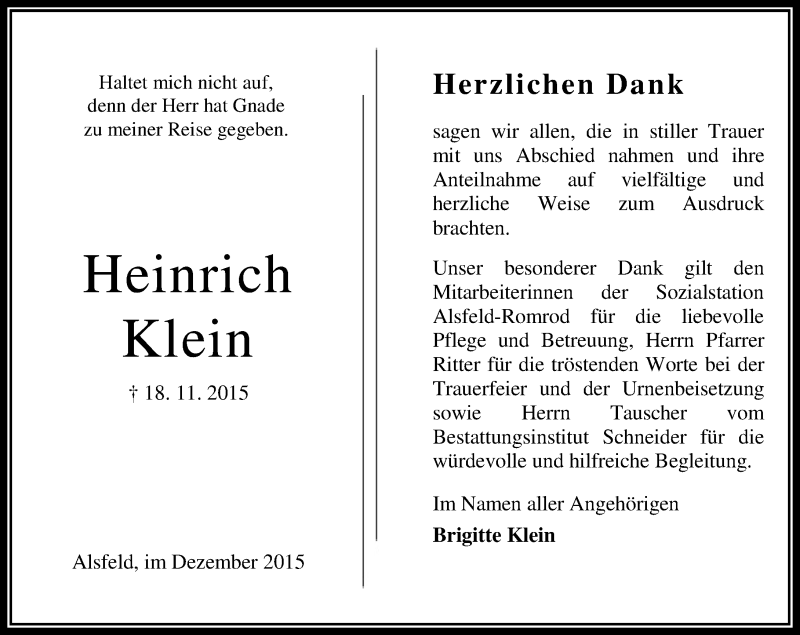  Traueranzeige für Heinrich Klein vom 26.12.2015 aus  OK Oberhessen Kurier