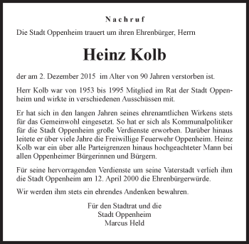 Traueranzeige von Heinz Kolb von  Landskrone