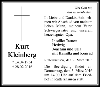 Traueranzeige von Kurt Kleinberg von  Gießener Anzeiger