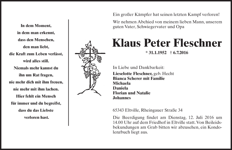  Traueranzeige für Klaus Peter Fleschner vom 09.07.2016 aus Trauerportal Rhein Main Presse