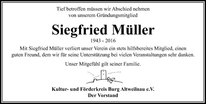  Traueranzeige für Siegfried Müller vom 29.01.2016 aus  Usinger Anzeiger