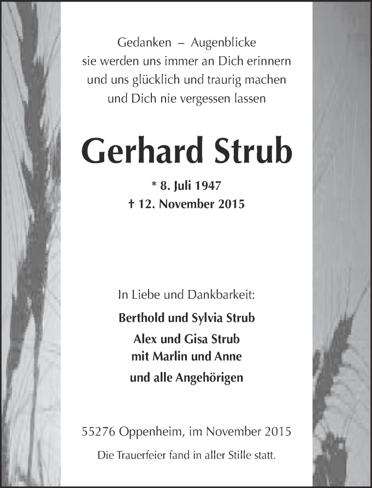  Traueranzeige für Gerhard Strub vom 21.11.2015 aus  Allgemeine Zeitung Mainz
