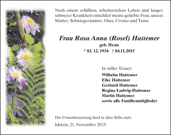Traueranzeige von Rosa Anna Hattemer von  Idsteiner Zeitung