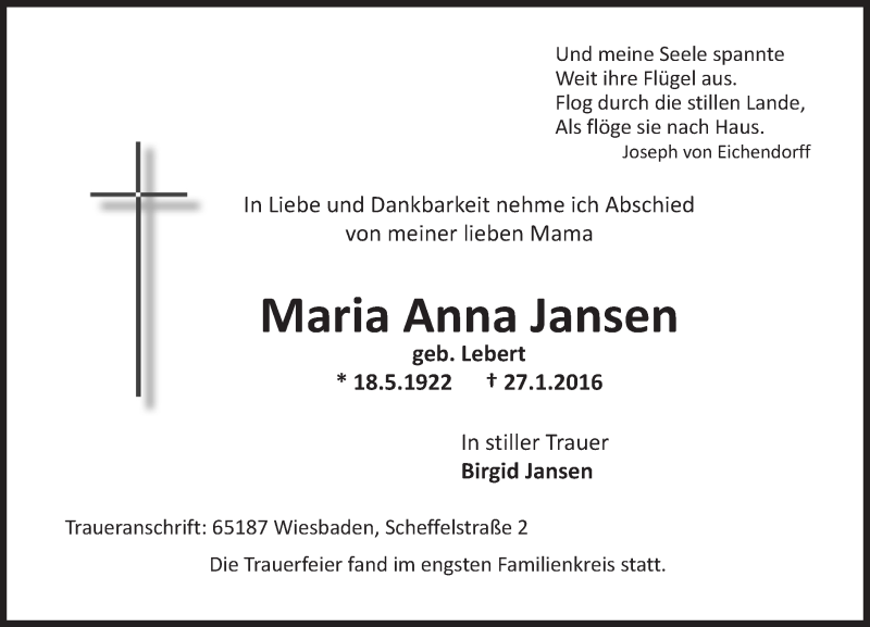  Traueranzeige für Maria Anna Jansen vom 06.02.2016 aus  Wiesbaden komplett
