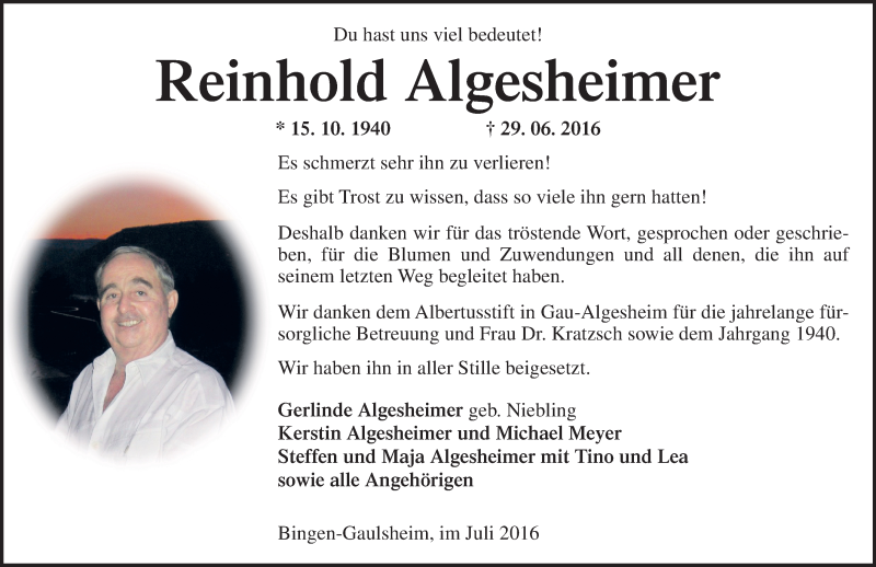  Traueranzeige für Reinhold Algesheimer vom 23.07.2016 aus Trauerportal Rhein Main Presse
