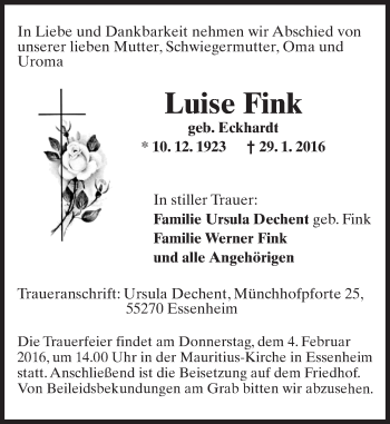 Traueranzeige von Luise Fink von  Allgemeine Zeitung Mainz