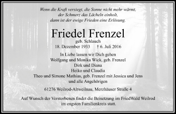 Traueranzeige von Friedel Frenzel von  Usinger Anzeiger