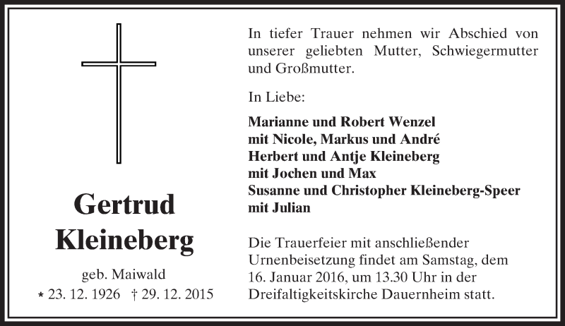  Traueranzeige für Gertrud Kleineberg vom 11.01.2016 aus  Kreisanzeiger