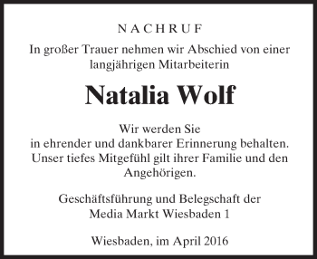 Traueranzeige von Natalia Wolf von trauer.rmp.de