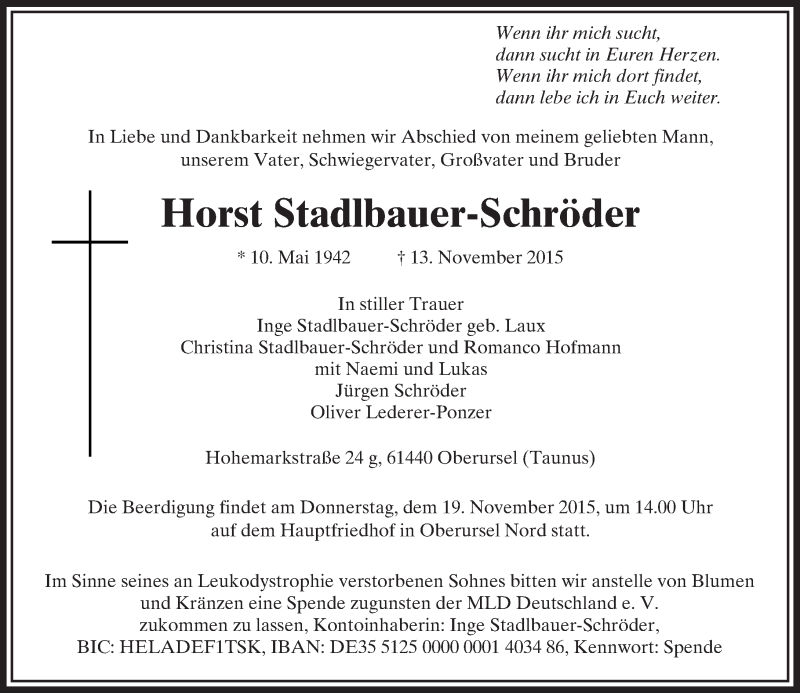  Traueranzeige für Horst Stadlbauer-Schröder vom 17.11.2015 aus  Usinger Anzeiger
