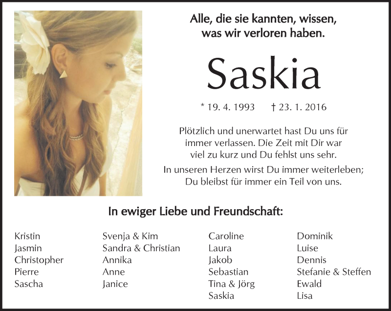  Traueranzeige für Saskia Schnarr vom 30.01.2016 aus  Kreisanzeiger