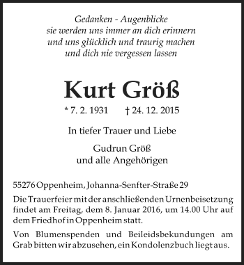 Traueranzeige von Kurt Größ von  Landskrone