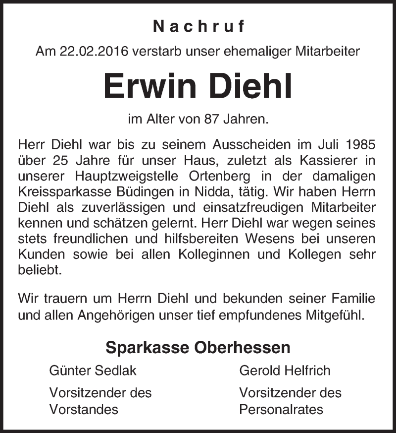  Traueranzeige für Erwin Diehl vom 03.03.2016 aus  Kreisanzeiger