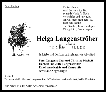 Traueranzeige von Helga Langenströher von VRM Trauer