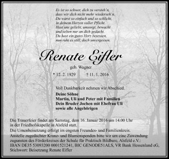 Traueranzeige von Renate Eifler von VRM Trauer