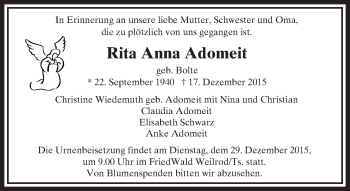 Traueranzeige von Rita Anna Adomeit von  Usinger Anzeiger