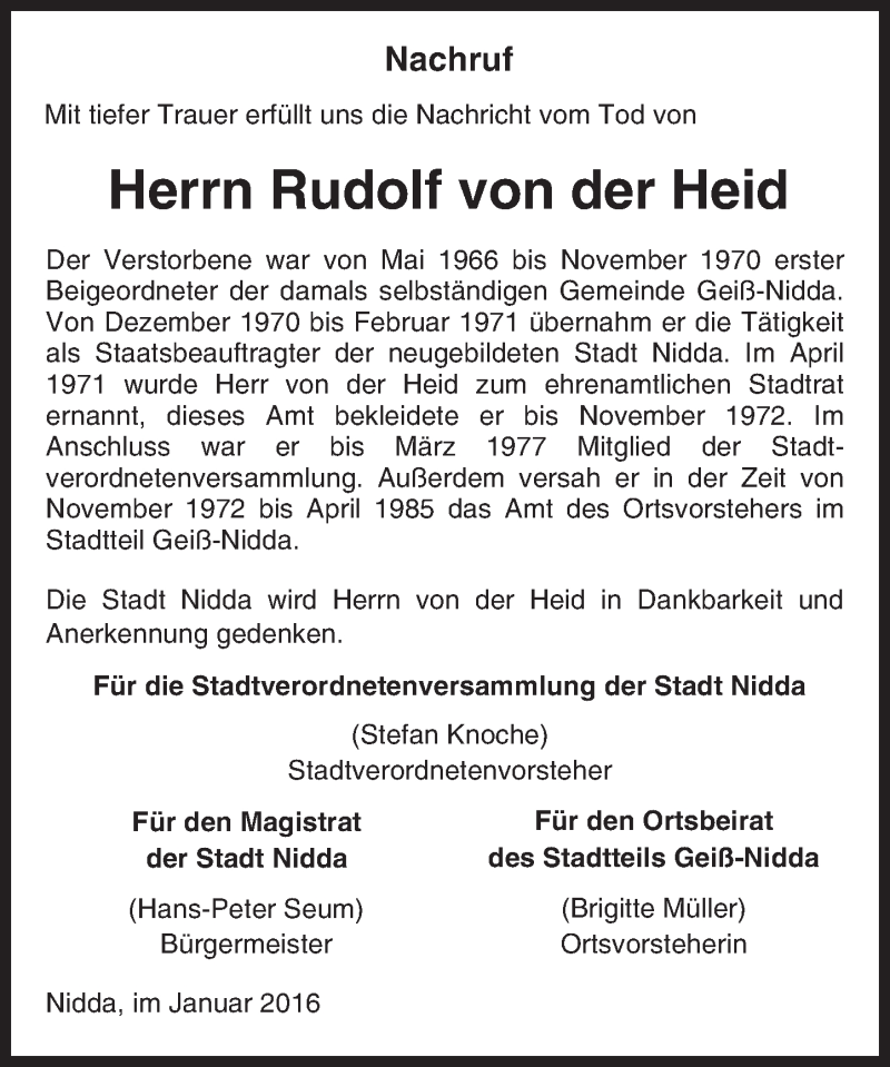  Traueranzeige für Rudolf von der Heid vom 08.01.2016 aus  Kreisanzeiger