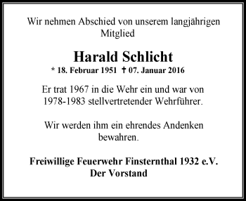 Traueranzeige von Harald Schlicht von  Usinger Anzeiger