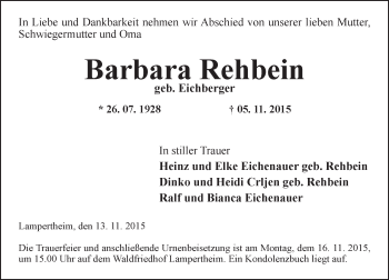 Traueranzeige von Barbara Rehbein von  Bürstädter Zeitung
