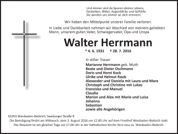 Traueranzeige von Walter Herrmann von Trauerportal Rhein Main Presse