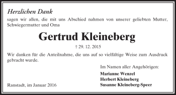 Traueranzeige von Gertrud Kleineberg von  Sonntags Anzeiger