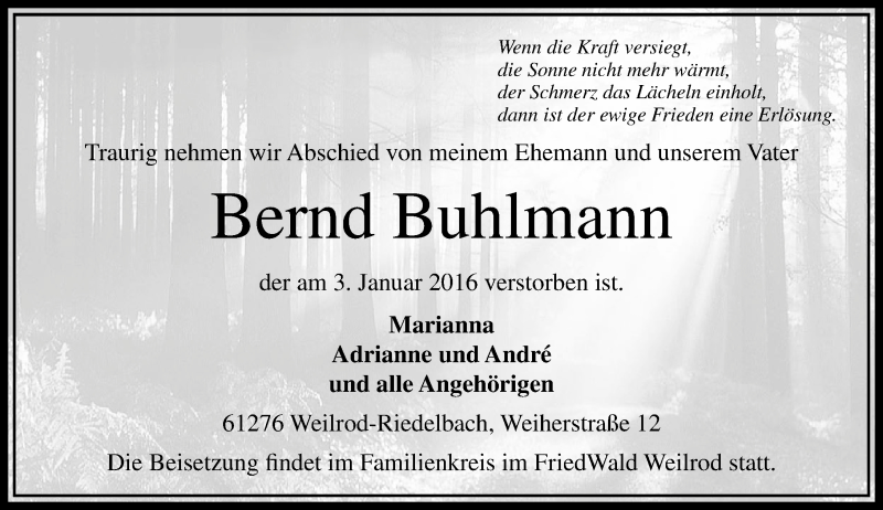  Traueranzeige für Bernd Buhlmann vom 13.01.2016 aus  Usinger Anzeiger