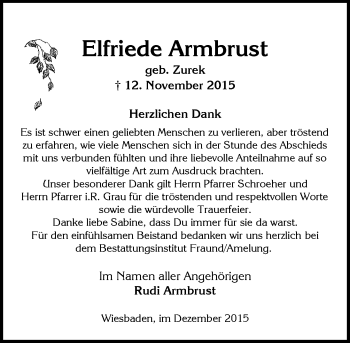 Traueranzeige von Elfriede Armbrust von  Wiesbaden komplett