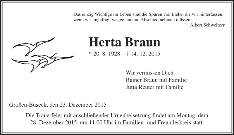  Traueranzeige für Herta Braun vom 23.12.2015 aus  Gießener Anzeiger