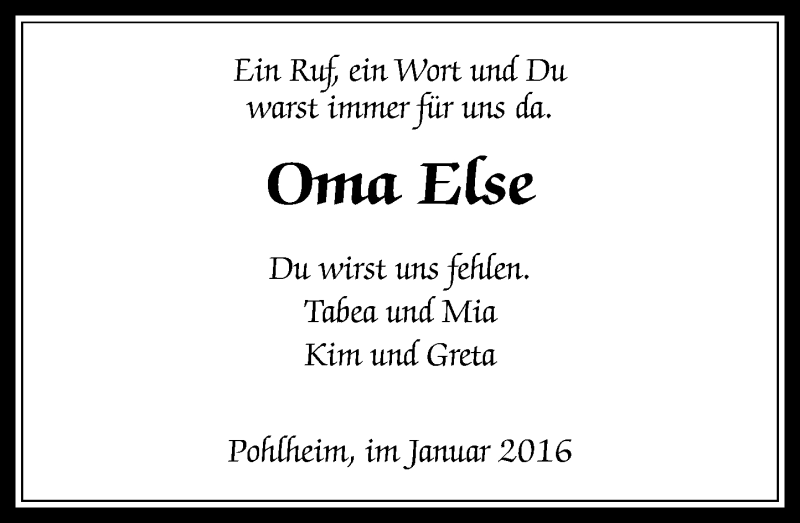  Traueranzeige für Oma Else vom 26.01.2016 aus  Gießener Anzeiger