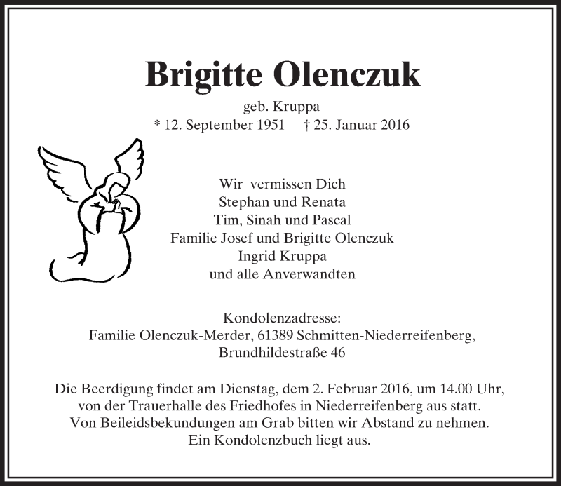  Traueranzeige für Brigitte Olenczuk vom 28.01.2016 aus  Usinger Anzeiger
