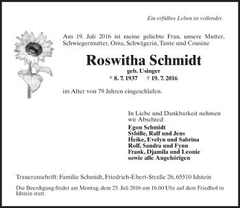 Traueranzeige von Roswitha Schmidt von Trauerportal Rhein Main Presse